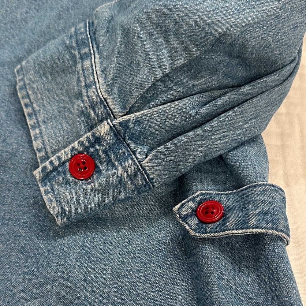 CJ Banks Blue Button Down Shirt with Snowman Embroidery - Picture 6 of 10